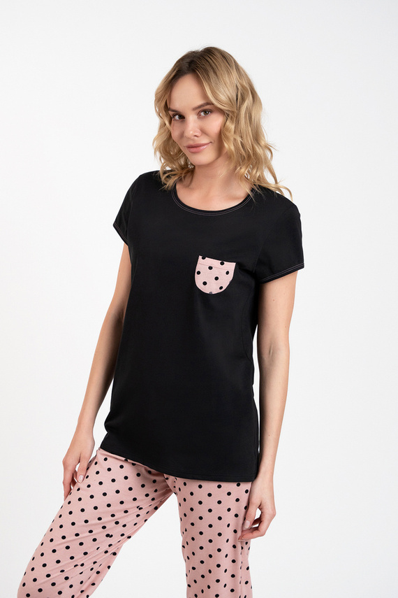 Buscato Pijama de damă cu mânecă scurtă, pantaloni lungi Italian Fashion negru/print 