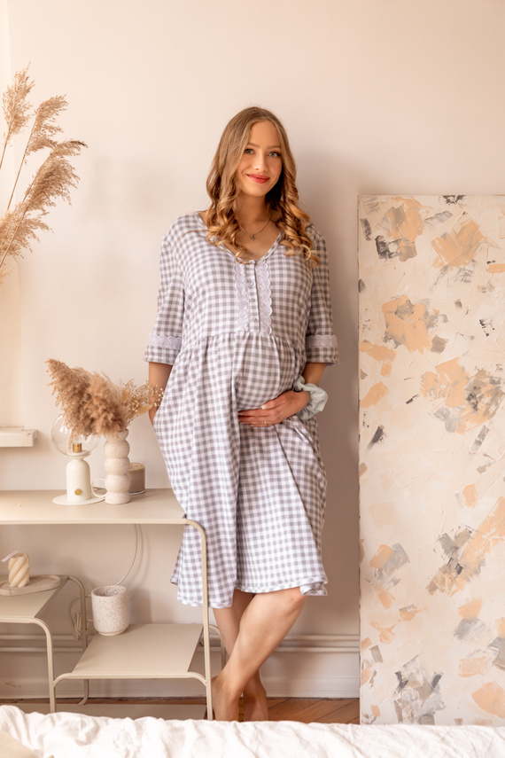 34LI Lidia Cămașă de maternitate și alăptare Marija – 100% bumbac, carouri clasice