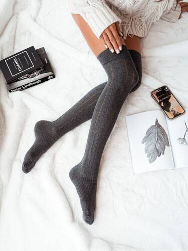 0347.001 Sosete până la genunchi Milena pentru femei cu împletitură ajurata - melange închis