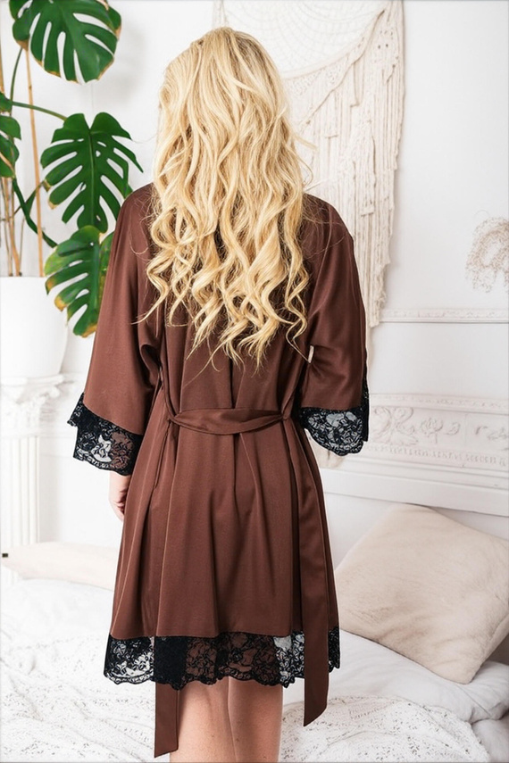 Sumi Kalimo - halat pentru femei din satin cu dantelă, halat elegant maro cu curea