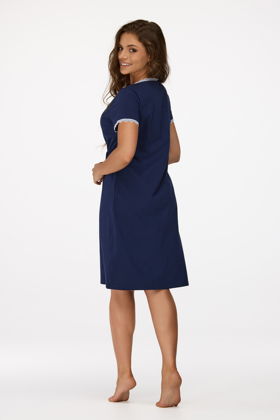 Cămașă de noapte Senizo pentru gravide nr. 36, bleumarin – 100% bumbac, dantelă, mâneci scurte, alăptare