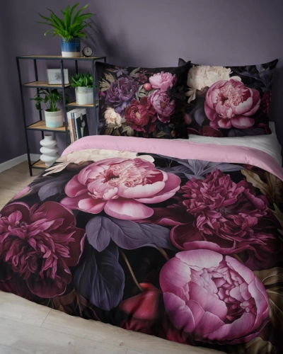 Set de lenjerie de pat 5129 A Holland Detexpol din bumbac, negru cu bujori în nuanțe de vișiniu și roz – 100% bumbac, față-verso, producție poloneză