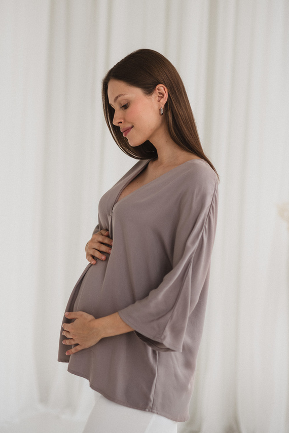 Bluză de maternitate Mamafullness Milk&Love, bej - viscoză, mâneci 3/4, oversize