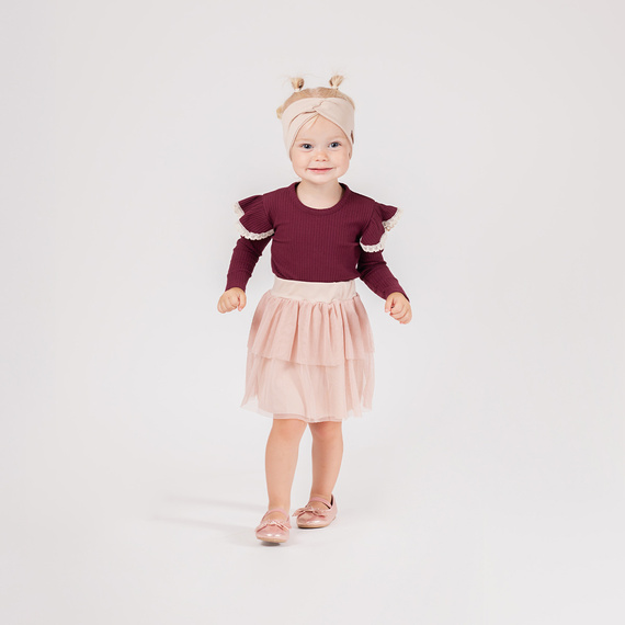 217138 Bluză din bumbac Alisa Nicol – mânecă lungă, visiniu, volane cu dantelă