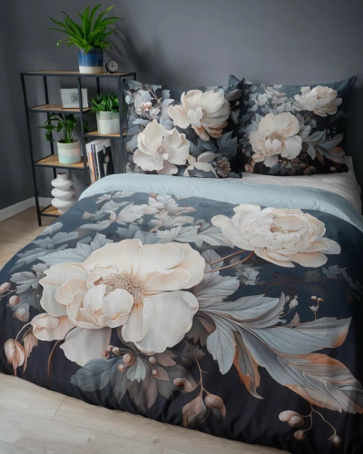 Set de lenjerie de pat 5131 A Holland Detexpol din bumbac, închis la culoare cu bujori bej și crem – 100% bumbac, față-verso, producție poloneză