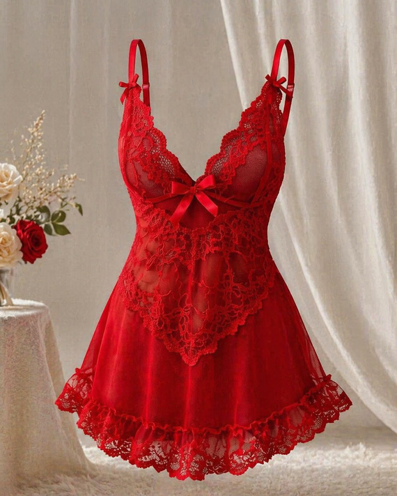 Cămașă de noapte Nuit Red LivCo tul dantelă damă elegantă