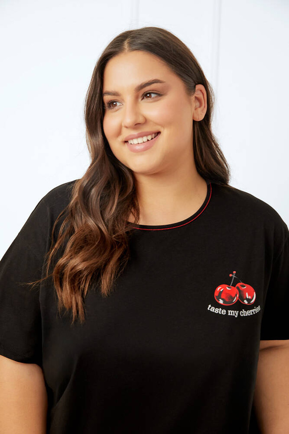 Pijama cu mânecă scurtă Cherry Ladies, pantaloni scurți Italian Fashion - negru/print