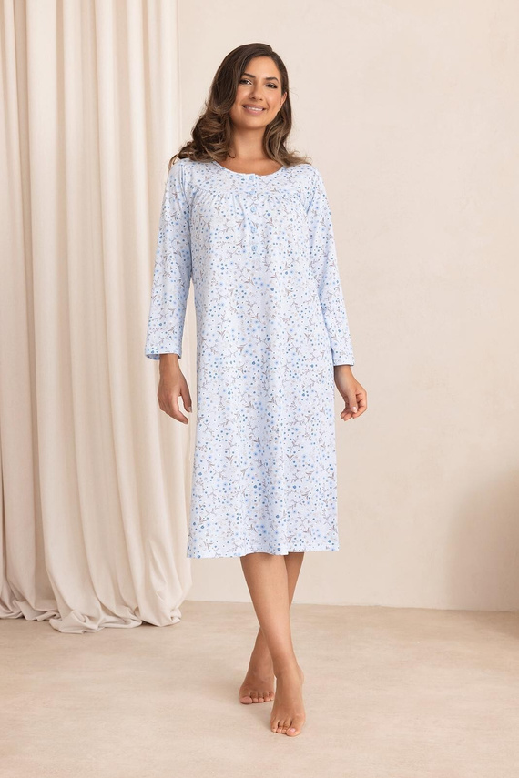 Cămașă de noapte Regina 021 100% bumbac mânecă lungă model floral - albastru