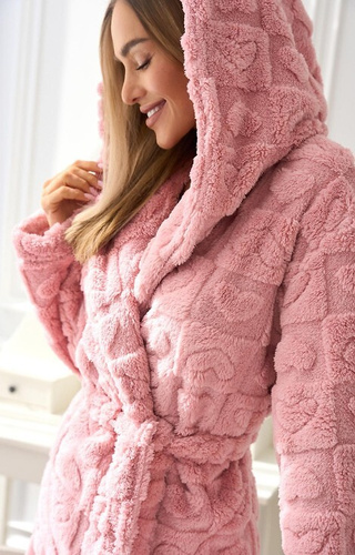 2553 Halat de baie scurt de damă Valentina L&L cu glugă și buzunare - roz pudrat