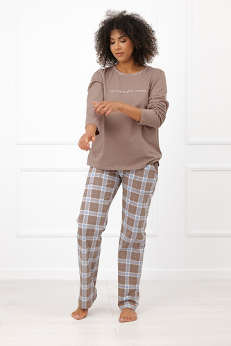 Pijamale damă Italian Fashion Delma 100% bumbac, pantaloni lungi în carouri cappuccino