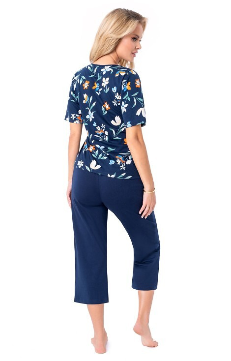 Caroline 3/4 Donna – pijamale de damă din bumbac cu imprimeu floral, mâneci scurte și pantaloni 3/4
