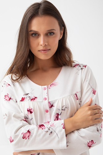 Cămașă de noapte 338 Luna ecru – bumbac, mâneci lungi, decolteu cu nasturi