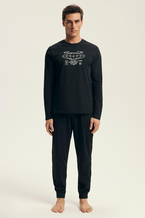 Pijamale bărbați Henderson Core 43469 Loger, negru - bumbac, mâneci lungi, ambalaj elegant