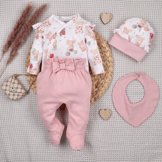 Set bebeluși NINI Little Mouse bumbac organic body pantaloni căciuliță fete