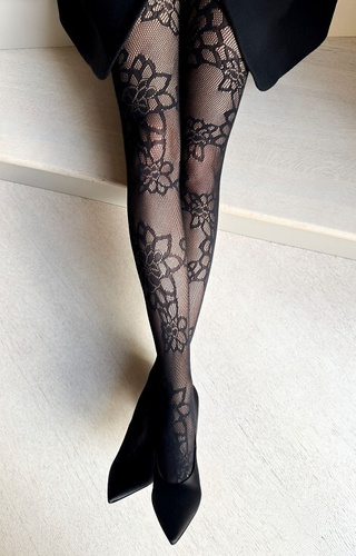 Colanți negri Francesca Veneziana – colanți tip plasă cu model floral, eleganți și flexibili