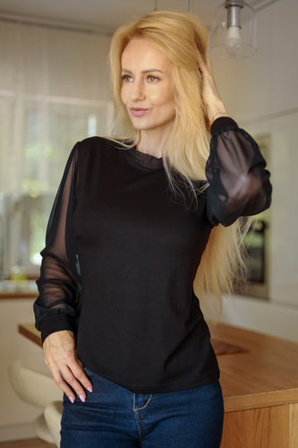 Mirale Freya Bluză damă din viscoză cu mâneci din tul și guler înalt, elegantă - neagră