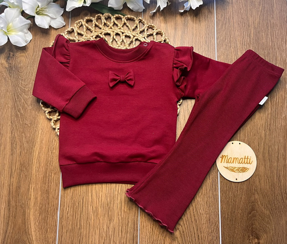 Mamatti DR720 trening din bumbac pentru fete, bluza bordo cu fundă, colanți evazați
