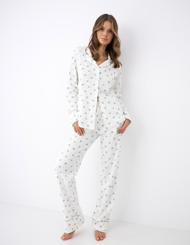 Pijamale damă Sensis Monroe cu nasturi, 100% bumbac interlock, model fulgi de zăpadă