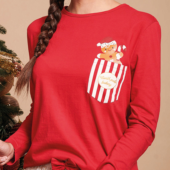 Pijamale Gretel Sorbetto pentru femei, roșii - Crăciun, cu mânecă lungă, imprimeu turtă dulce