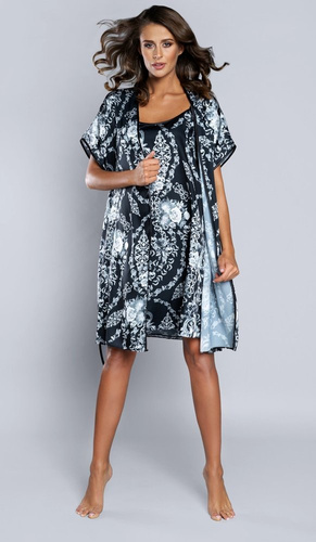 Halat cu mânecă scurtă pentru femei Silver Satin Italian Fashion - albastru marin