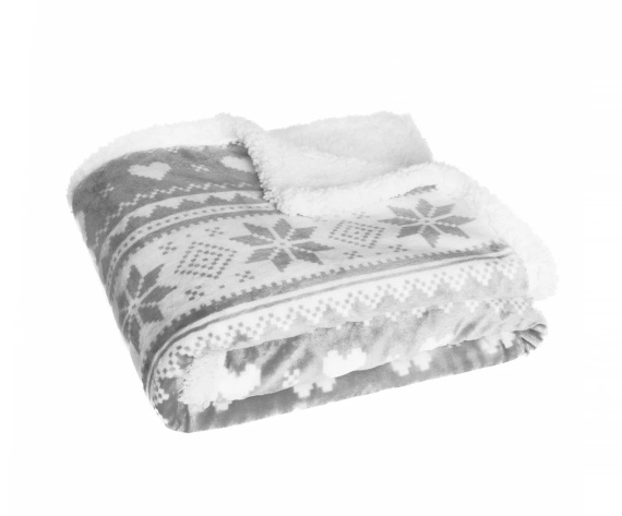 Pătură de Crăciun SACO, gri – moale și călduroasă cu model norvegian de fulgi de nea, într-o pungă decorativă