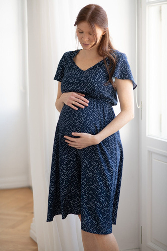 Lovely Dress Rochie midi de maternitate si alaptare, maneca scurta, Milk&Love, bleumarin cu buline