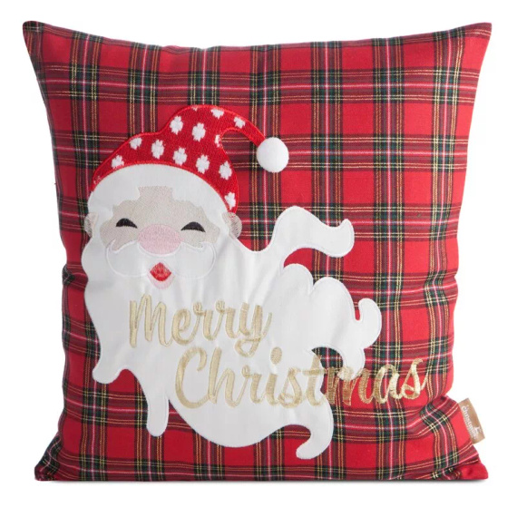 Cap. 165 Față de pernă de Crăciun Eurofirany – model roșu în carouri cu Moș Crăciun și inscripție
