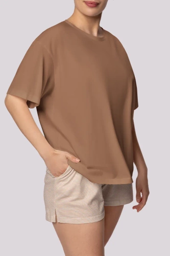 Maneca scurta cu dungi Pijamale dama Mona caramel