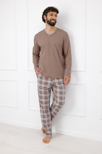 Italian Fashion Dante pijama bărbați bumbac, pantaloni lungi în carouri - cappuccino