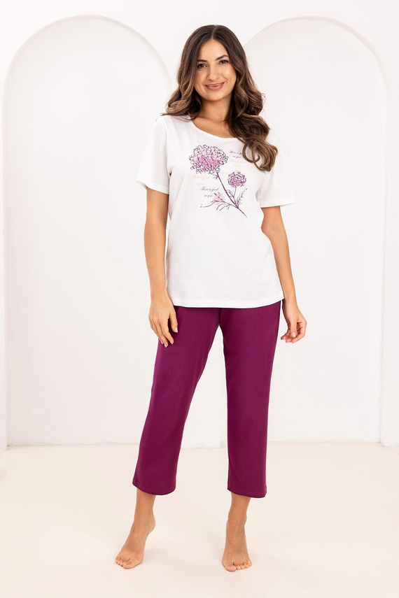 Pijama Damă Regina 734 din 100% Bumbac – Tricou cu Mânecă Scurtă și Imprimeu, Pantaloni 7/8, Confort Premium