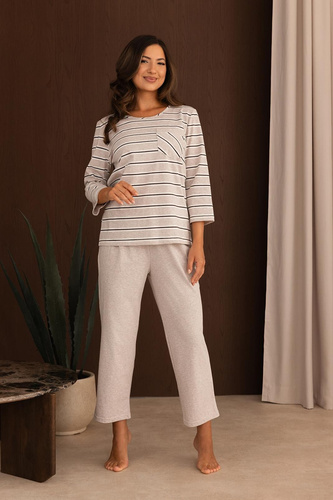 Pijamale damă Regina 4025 100% bumbac, dungi, mâneci și pantaloni 7/8 - bej