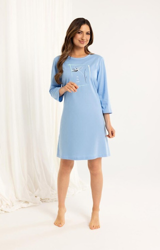 166 Cămașă albastră de damă din bumbac – mânecă 3/4, imprimeu, lungime până la genunchi