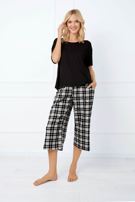 Klara Pijama de damă cu mânecă scurtă, pantaloni 7/8 Italian Fashion - negru/print