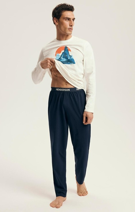 43475 Set de pijamale Loji pentru bărbați Henderson Core, alb - bumbac cu imprimeu de munte