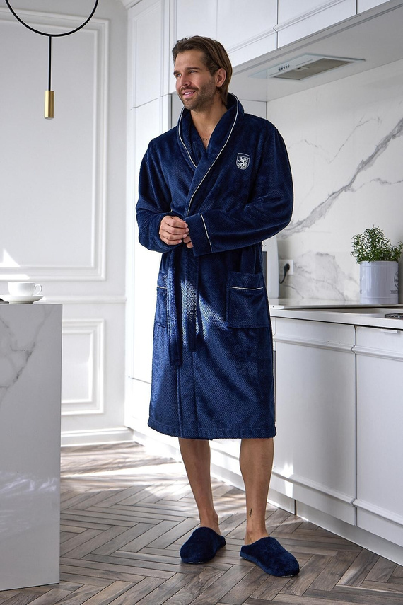 L&L 2661 Elegant Halat de baie bărbați clasic cu guler șal moale, bleumarin