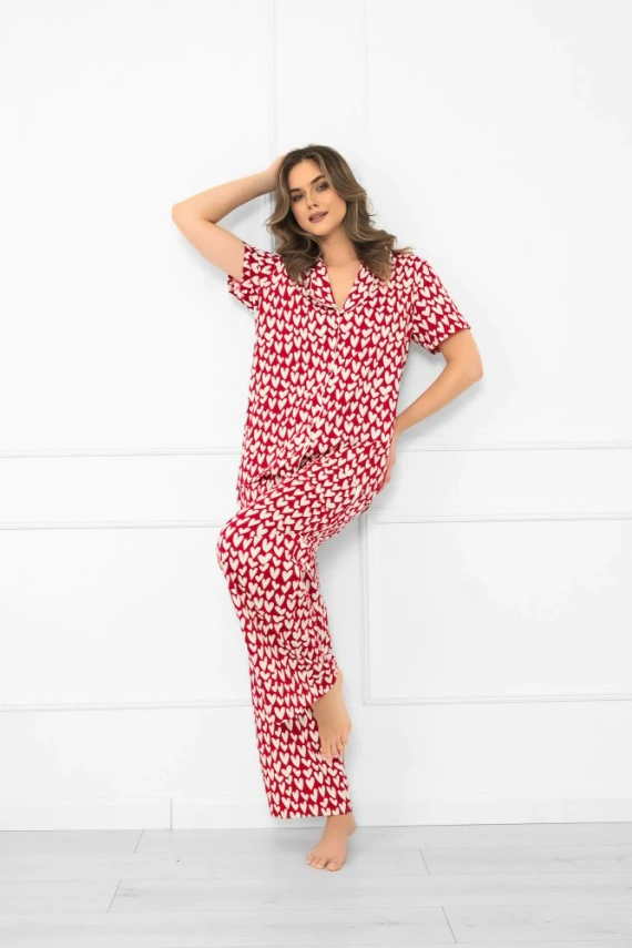 Ksenia – pijama damă din bumbac cu inimioare, cămașă cu nasturi, pantaloni lungi cu buzunare | Italian Fashion