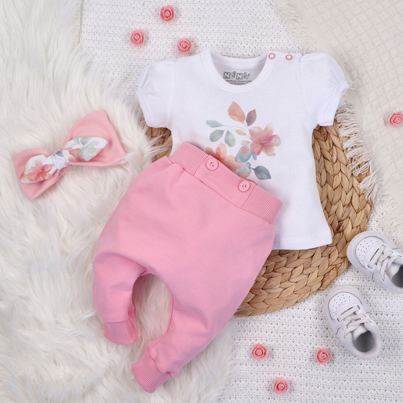 ABN-5426 Flori colorate Pantaloni de trening Nini din bumbac organic, roz