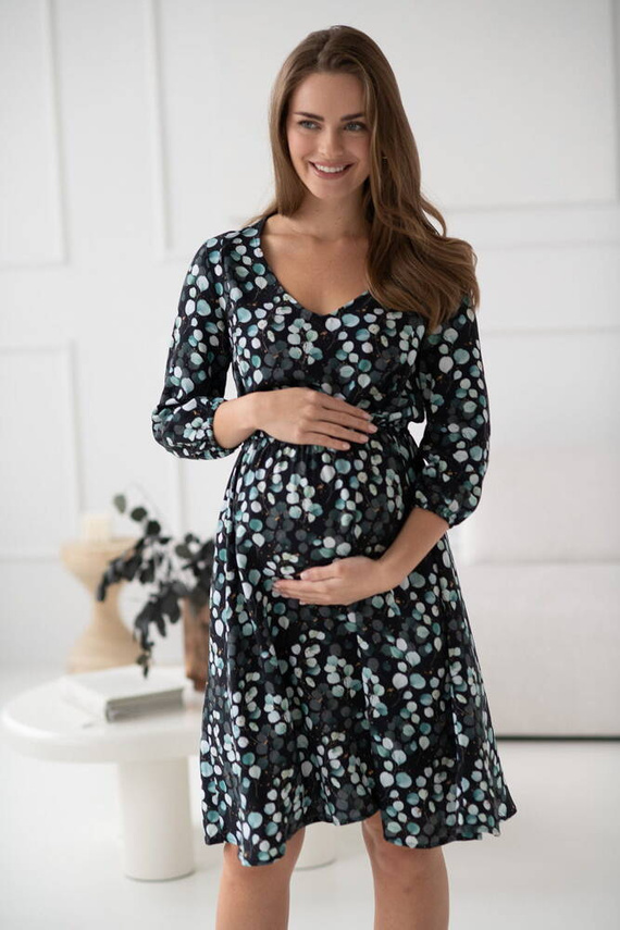 Lovely Dress Rochie midi de maternitate si alaptare cu maneci 3/4 Milk&Love cu frunze de eucalipt