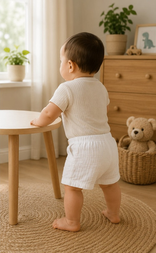SZ55308 Mamatti pantaloni scurți mușlin albastru cu buzunare și nasturi pentru vară