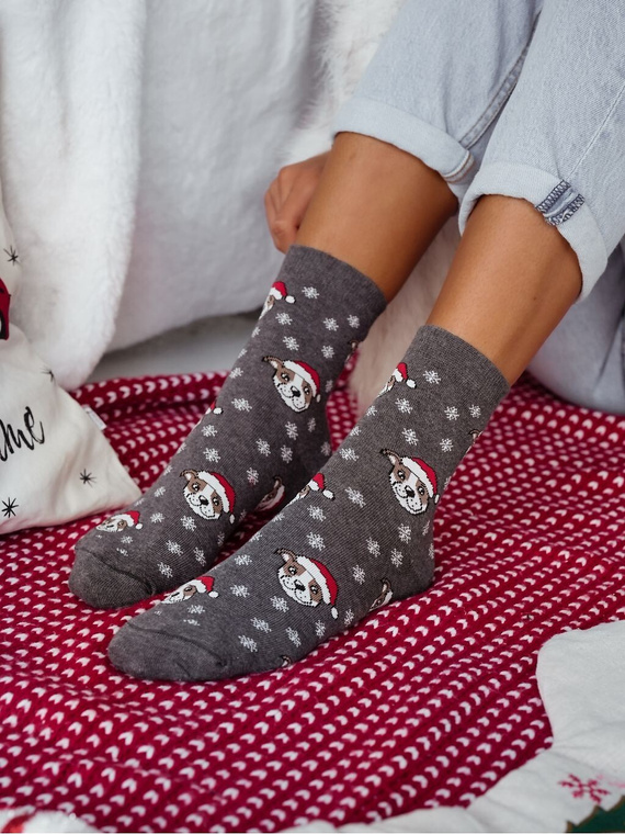 1283-039 Șosete Milena – șosete de Crăciun pentru femei cu buldogi și fulgi de zăpadă, melanj închis