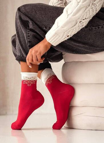 0071-007 Șosete de Crăciun damă Unique Fulg de zăpadă Milena - roșii