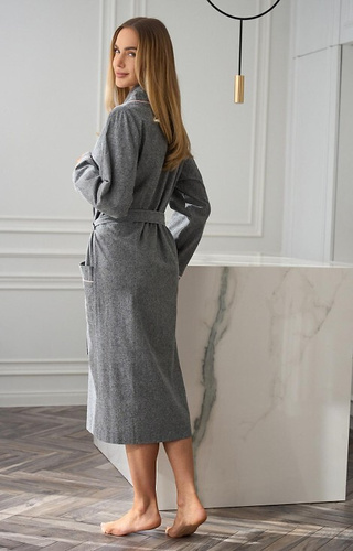 Halat de baie gri pentru femei Coco L&L 2530 - lung, bumbac, cu garnitură roz