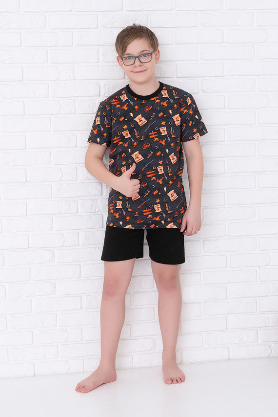 Western Boys' pijama cu mânecă scurtă, pantaloni Italian Fashion- grafit / negru