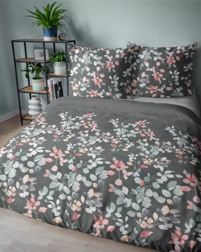 5084 A Home Satin Lenjerie de pat din satin cu crenguțe Detexpol grafit