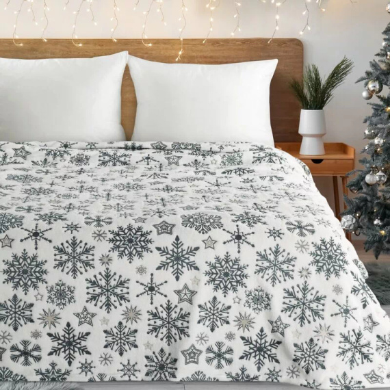 Pătură de Crăciun Eurofirany Alb Bleumarin Fulgi de Nea – Pătură moale din microfibră, 240 g/m²