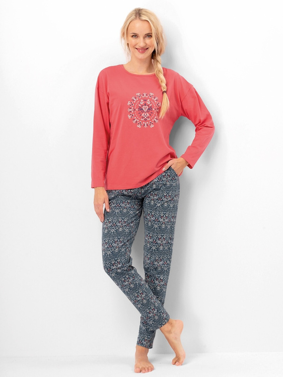 Pijamale dama Key LNS 703 coral – bumbac, maneca lunga, eleganta