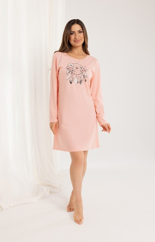 162 Cămașă de noapte din bumbac Regina, caise – mânecă lungă, imprimeu, deasupra genunchiului