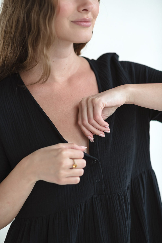 Cămașă de noapte de maternitate și alăptare Aurora de muselină Milk&Love neagră