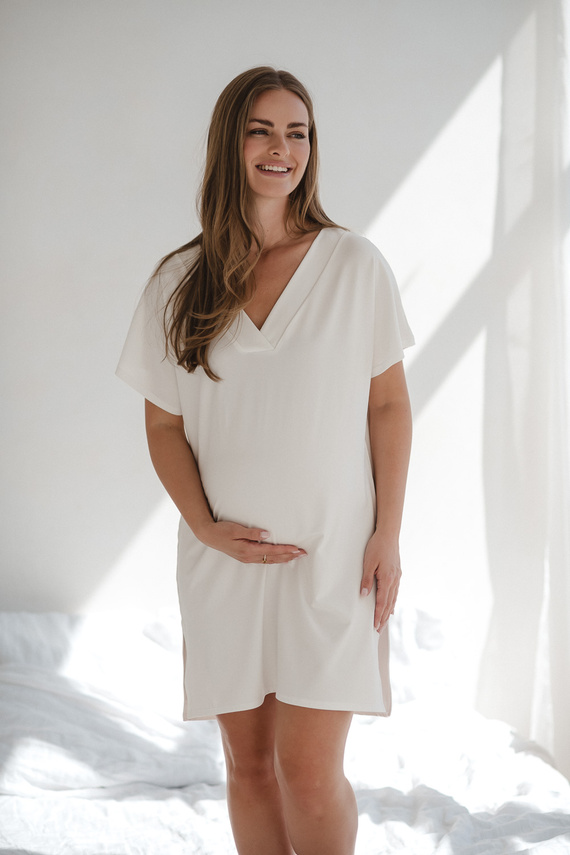 Cămașă de noapte pentru maternitate și alăptare Moon Milk&Love – viscoză crem, oversize | Calitate poloneză