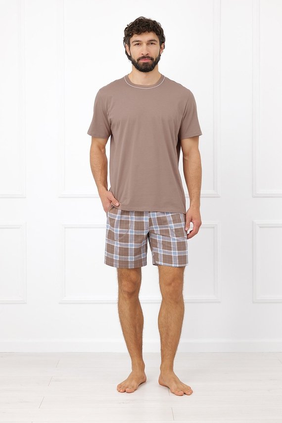 Pijamale bărbați Italian Fashion Dante bumbac scurt pantaloni scurți în carouri cu buzunare cappuccino